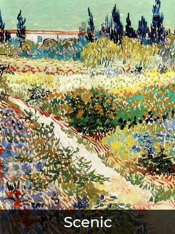 Scenic artwork depicting a colorful, impressionistic landscape with a winding path, lush fields, and a backdrop of trees and a distant bridge.